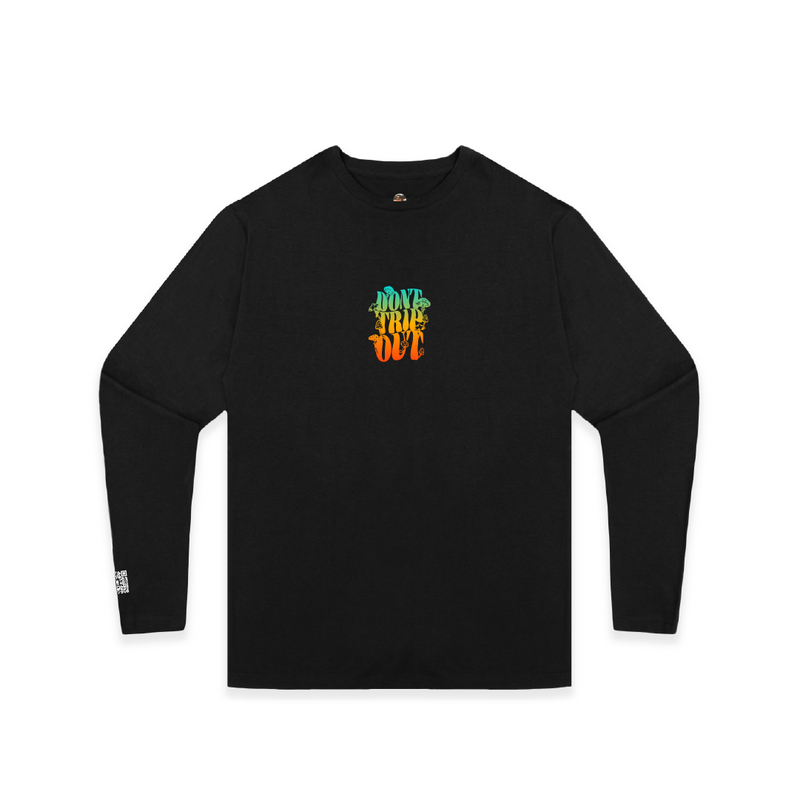 Front view of a unisex black long sleeve t-shirt with a small colorful 'Don't Trip Out' text with mushrooms on a white background.