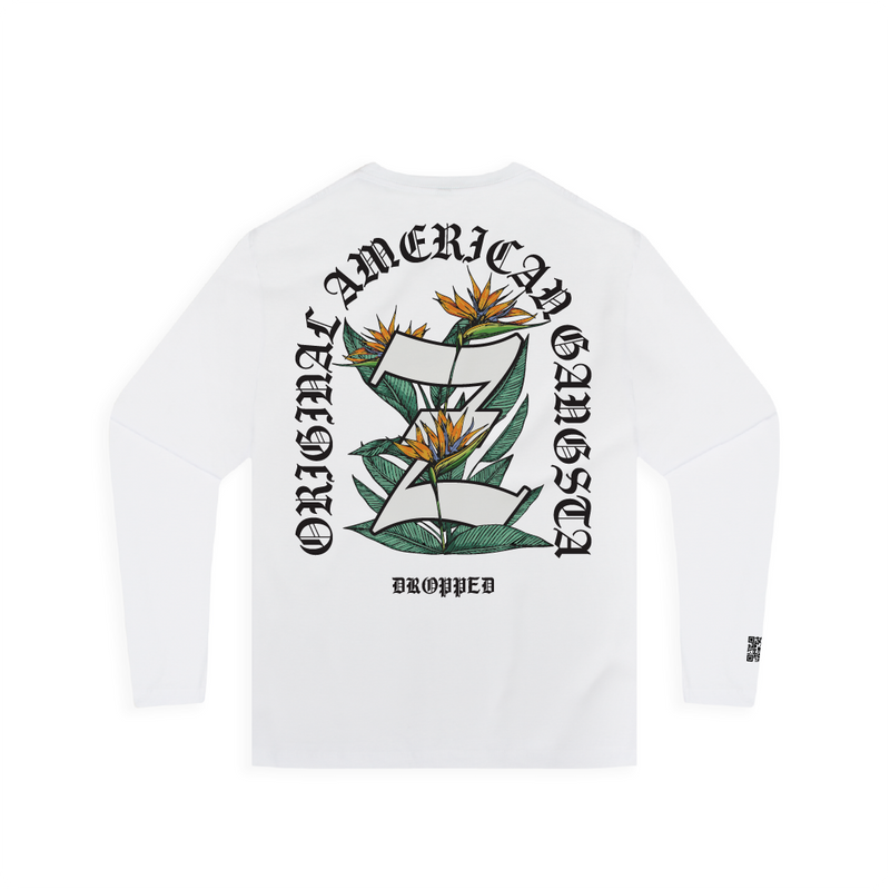 Rear view of a unisex white shirt with a Z and birds of paradise floral elements and 'Original American Gangsta' black text.