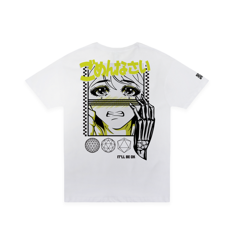 Rear view of a unisex white t-shirt with anime-style graphic and gomenasai kanji text in safety yellow.