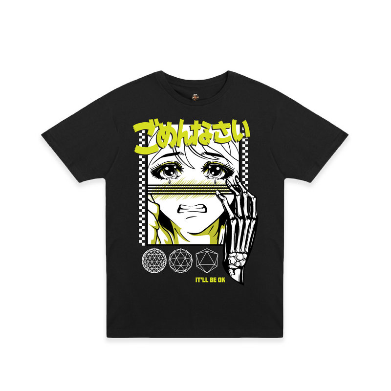 Front view of a unisex black t-shirt with anime-style graphic and gomenasai kanji text in safety yellow.