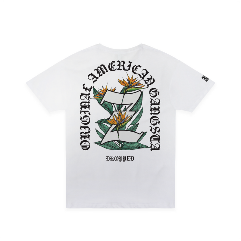 Rear view of a white t-shirt with a large Z logo and birds of paradise floral elements and black 'Original American Gangsta' text on a white background