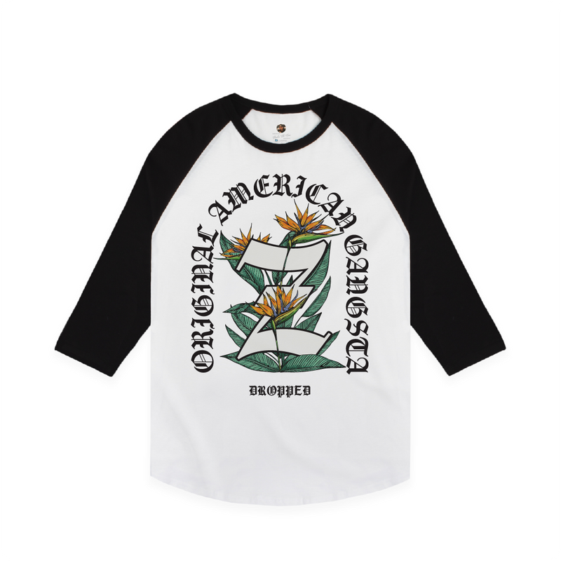 A black and white raglan t-shirt with a graphic print of birds of paradise and black 'Original American Gangsta' text on a white background.