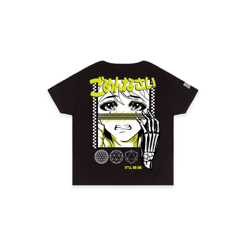 Rear view of a women's black high waisted t-shirt with 'It'll Be OK' and gomenasai text in kanji, with a anime style character with big eyes and skeleton hand. 