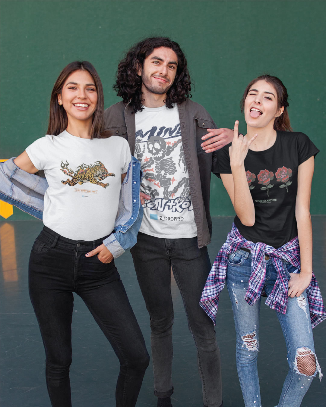 Three friends wearing Mark Dayaps Chapter 2 Collection for ZDROPPED in a tennis court