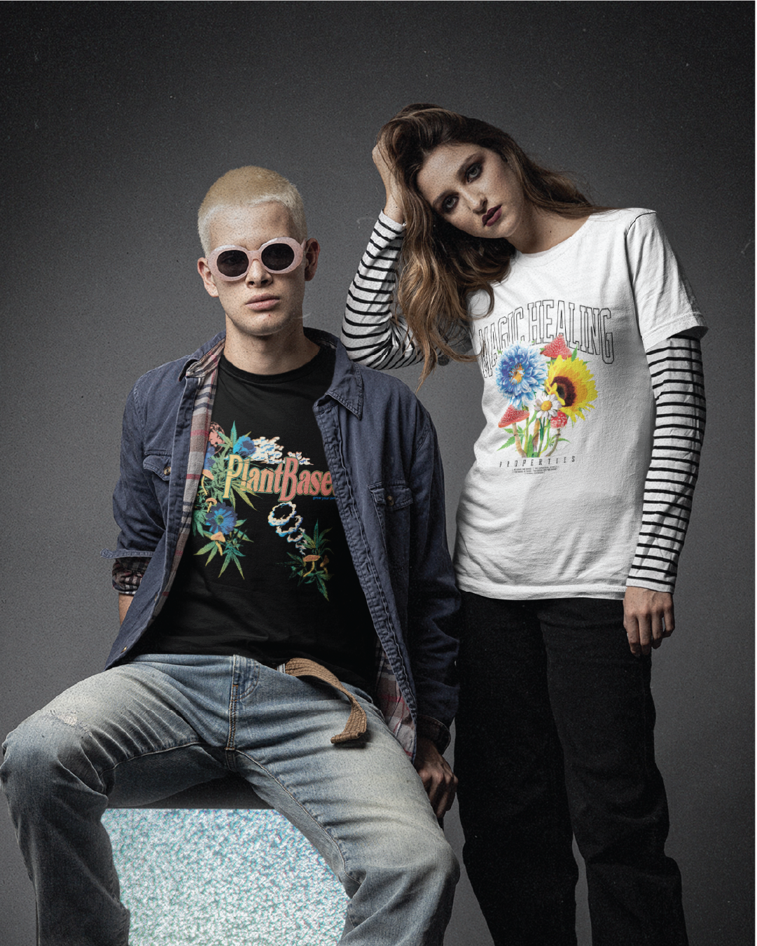 Image of two teens in a Plant based and Magic Healing Tee shot in a studio in a grunge style