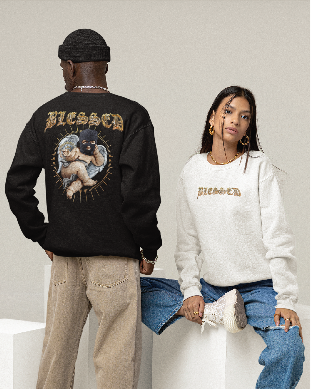 Image of 2 people in long sleeve shirts wearing zdropped zdropped shirts