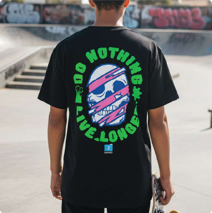 Rear view of a young man wearing a black Do Nothing Live Longer t-shirt outside at a skatepark.