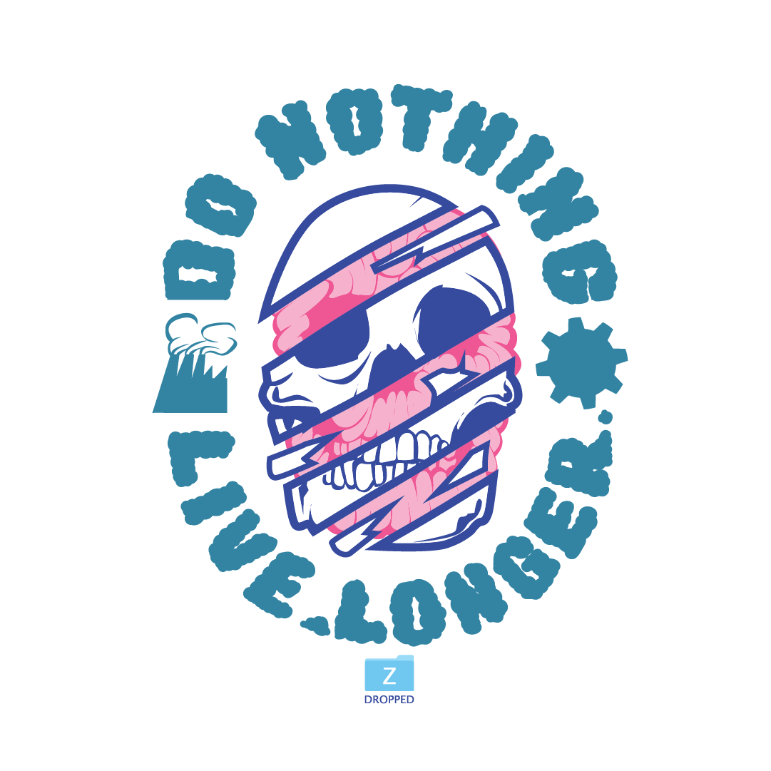 white and blue skull that is broken with brain exposed asking you to do nothing live longer