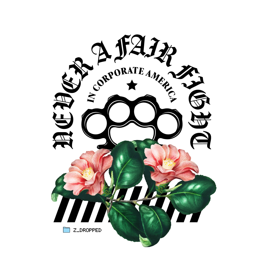 Image of Black brass knuckles and flowers with black old English text 
