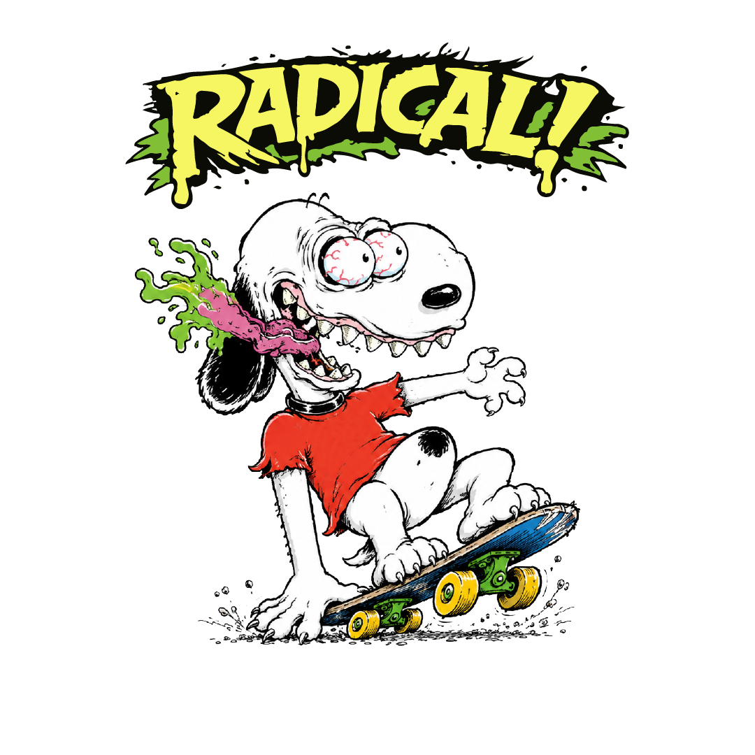 Rat Fink style cartoon snoopy dog on a skateboard with yellow and green 'RADICAL!' text above.