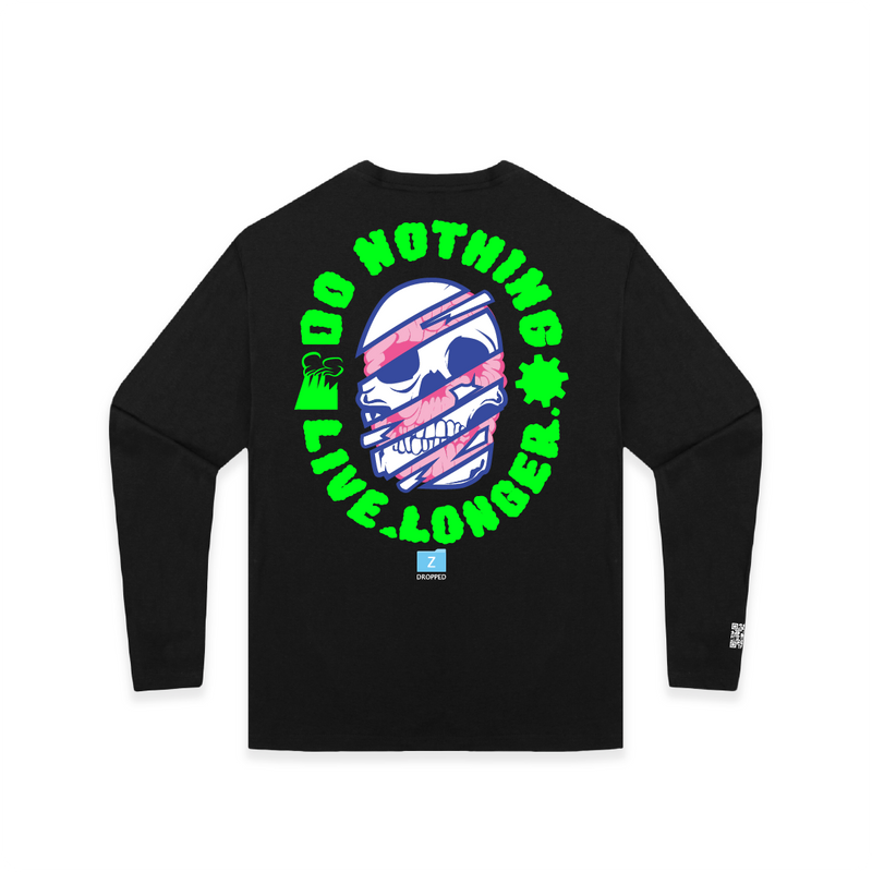 Rear view of a unisex black long-sleeved t-shirt with the text 'DO NOTHING LIVE LONGER' and a skull logo in green on the chest.