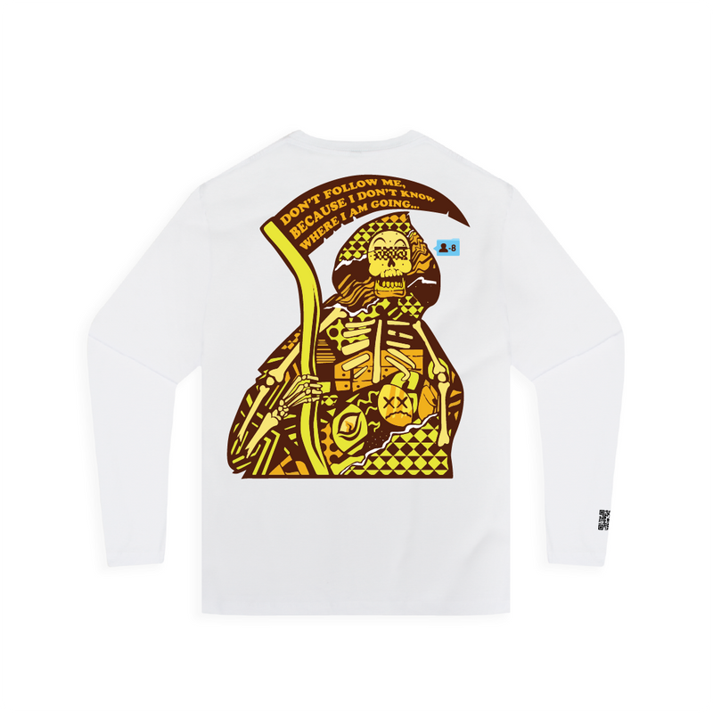 Rear view of a unisex white long-sleeve shirt with a yellow grim reaper skeleton graphic and Dont follow me text.
