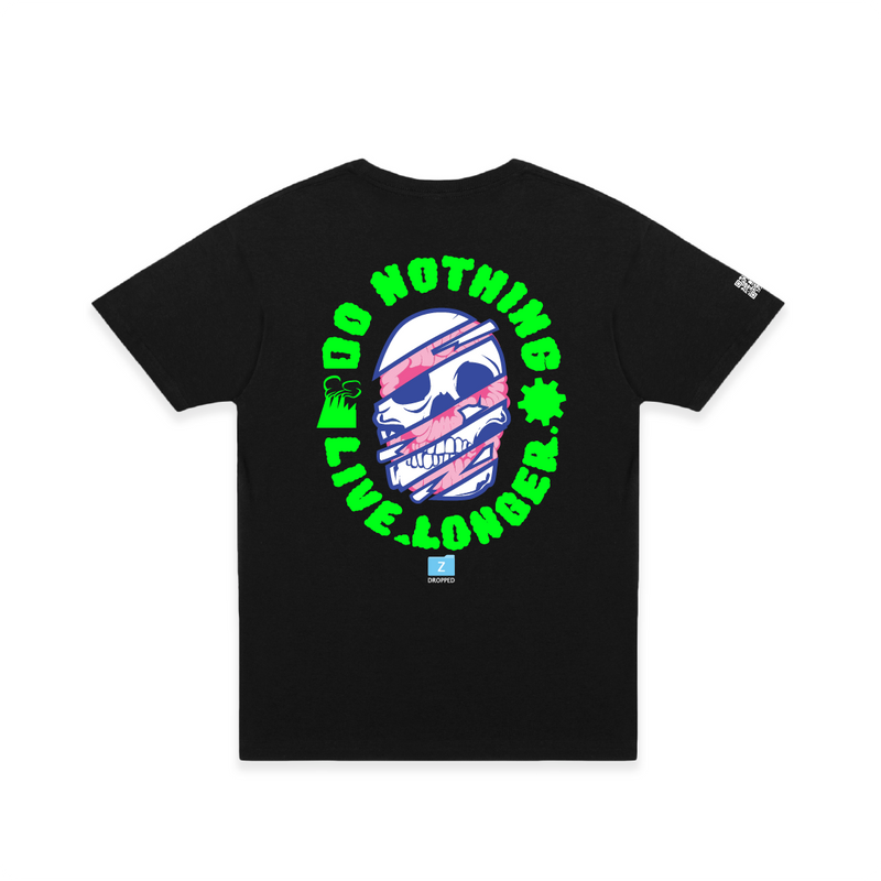 Rear view of a unisex black crew neck t-shirt with a large pink and blue skull graphic and neon green 'Do nothing live longer' text.