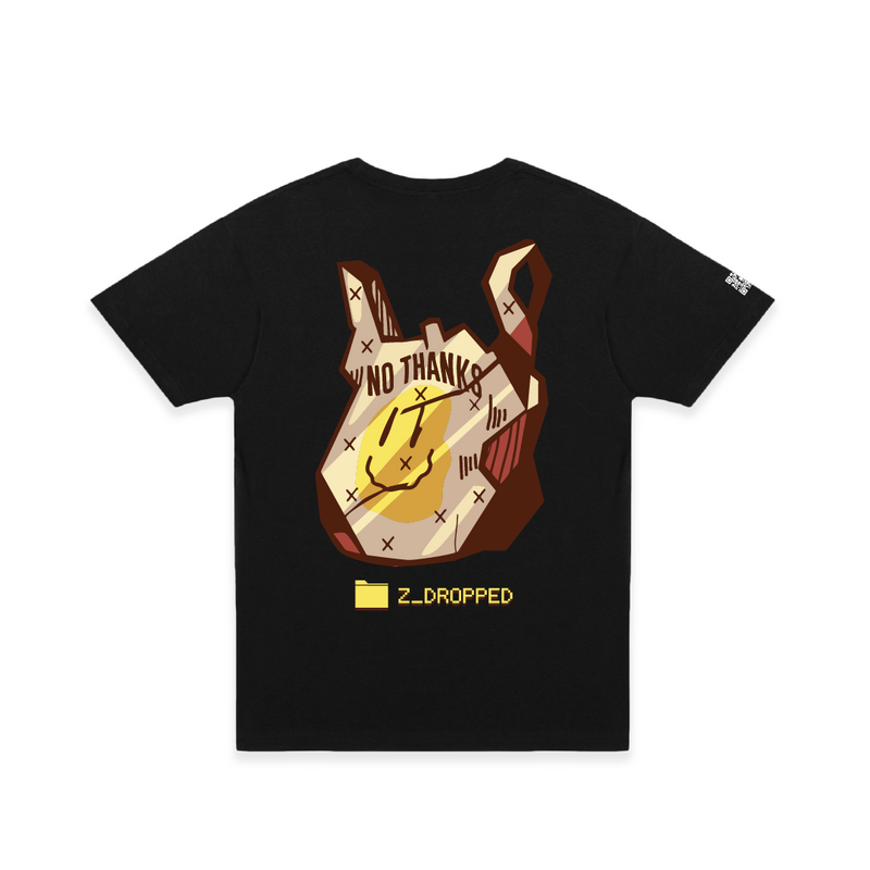 Rear view of a unisex black t-shirt with a large paper bag graphic with a smiley face and 'No thanks' text.