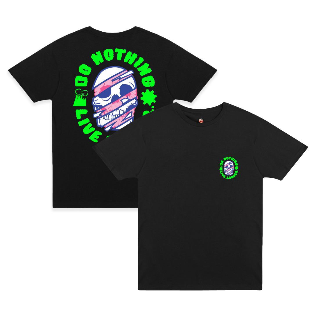 Front and back view of a black t-shirt with a neon green skull graphic and 'Do nothing live longer' text