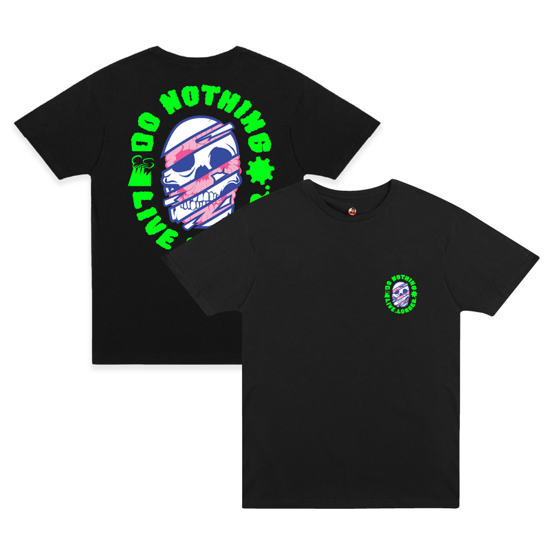 Front and back view of a black t-shirt with a neon green skull graphic and 'Do nothing live longer' text