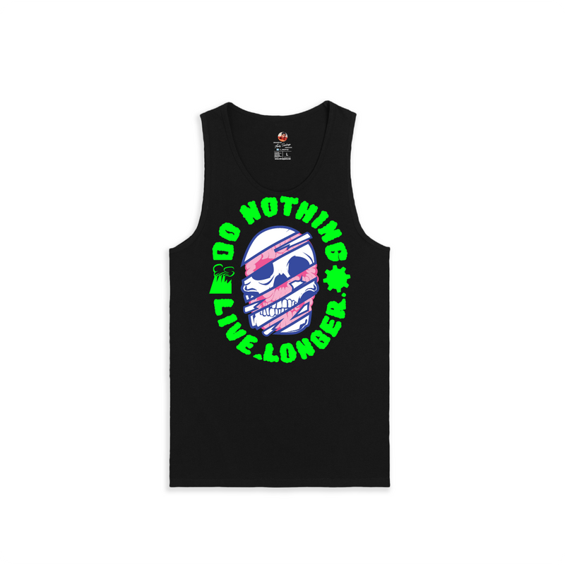 Front view of a unisex black tank top with a large pink and blue skull graphic and neon green 'Do nothing live longer' text.