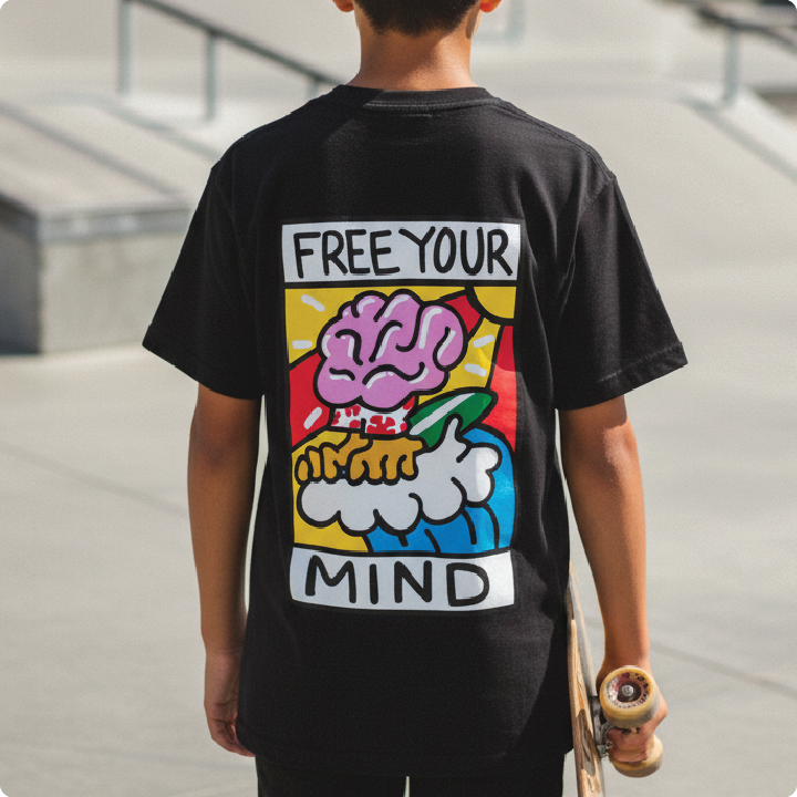 Rear view of a young man wearing a black Free Your Mind t-shirt at a skatepark.