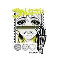 image of anime girl with a skull hand and neon green kanji saying it'll be ok 