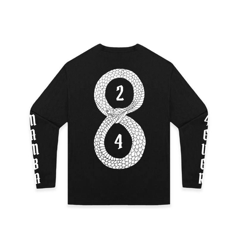 Rear view of a unisex black long sleeve t-shirt with a white Mamba 8 and 24 graphic on a white background in the middle and white text that reads "Mamba 4 Ever" on the sleeves