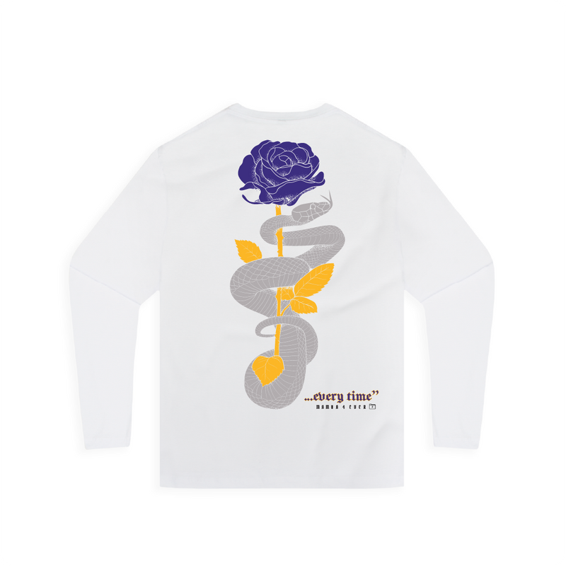 Rear view of a unisex white long sleeve t-shirt with a purple and gold mamba snake and rose and 'every time' text on a white background