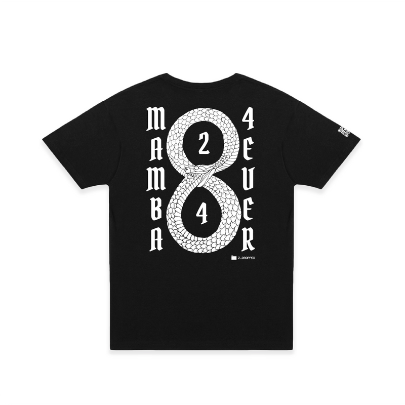 Rear view of a black unisex t-shirt with a white Mamba 8 and 24 graphic  in the middle of white text that reads "Mamba 4 Ever"