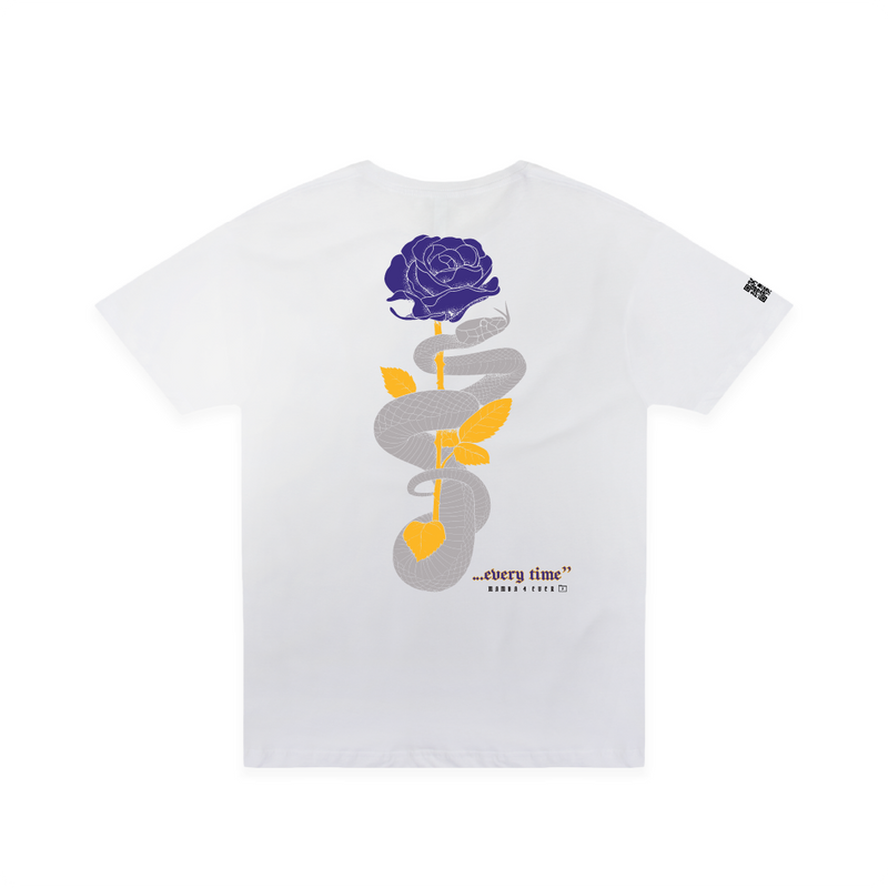 Rear view of a unisex white t-shirt with a purple and gold mamba snake and rose on a white background with text that reads "...every time"