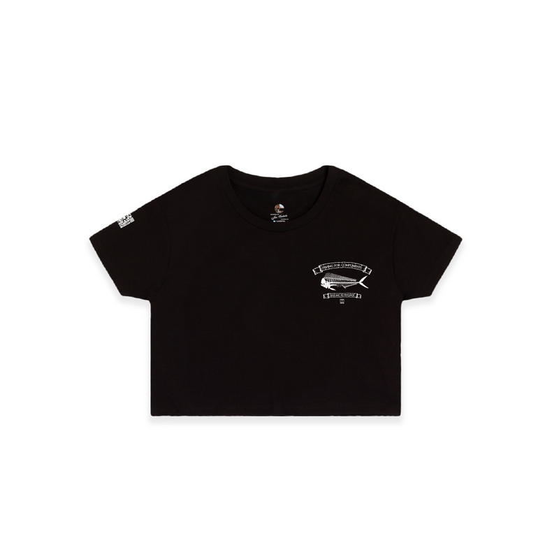 Womens black crop top shirt with a small white mahi skeleton graphic and 'fishing for compliments' text on a white background