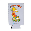 Front view of a white tall call koozie with a Bart Simpson cartoon character in a Ed Roth style on a skateboard with 'Cowabunga!' text on a white background