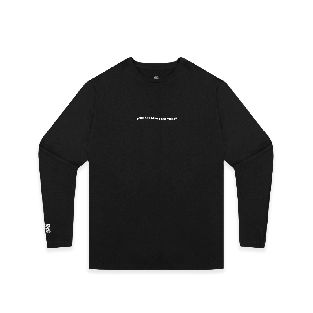 Front view of a unisex black long-sleeve shirt with white text on a white background