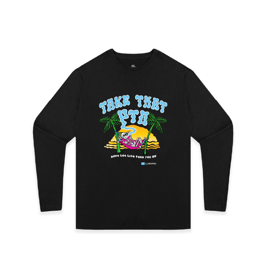 Front view of a unisex black long-sleeve shirt with a skeleton in a hammock graphic and Take That PTO  text on a white background
