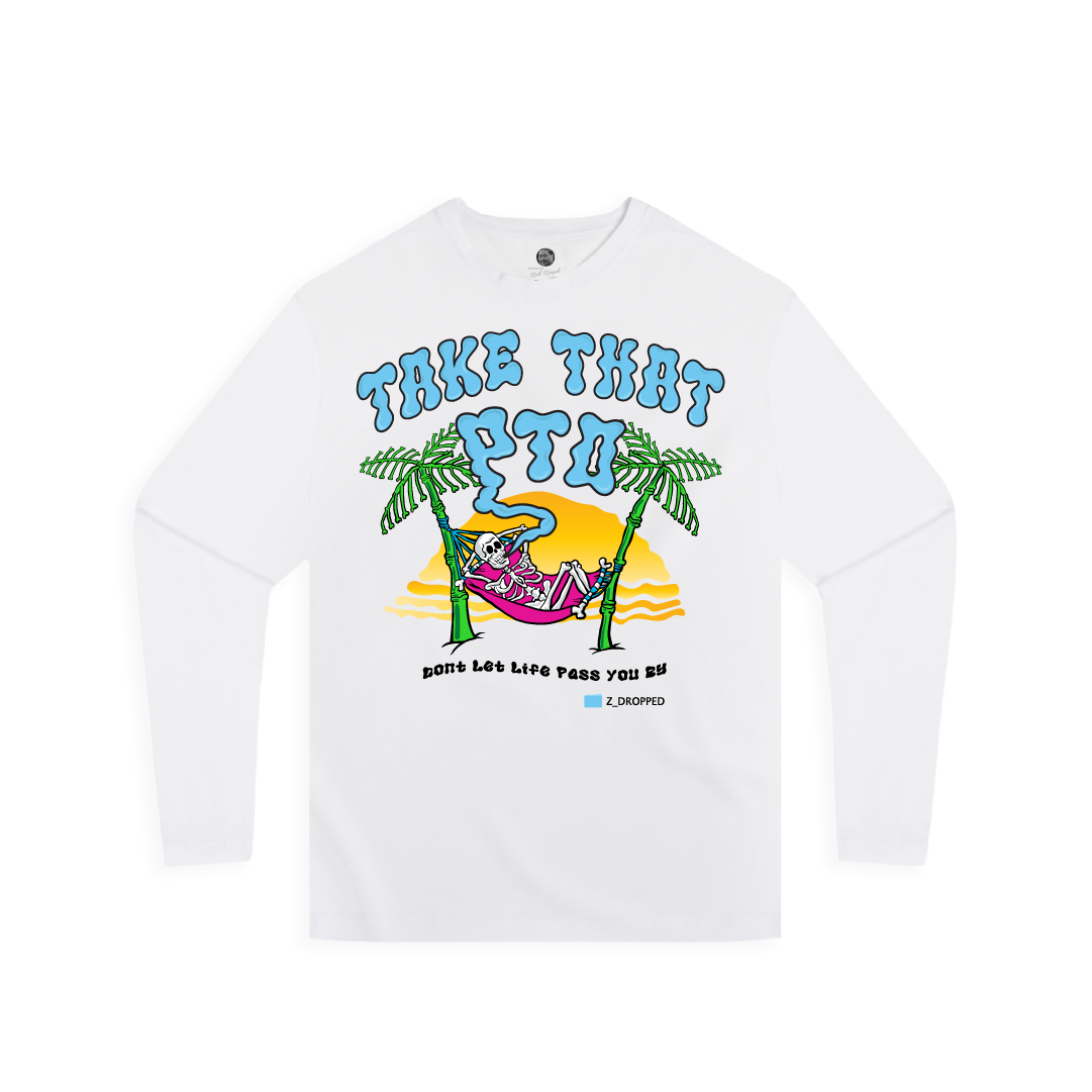 Front view of a unisex white long-sleeve shirt with a skeleton in a hammock graphic and Take That PTO  text on a white background