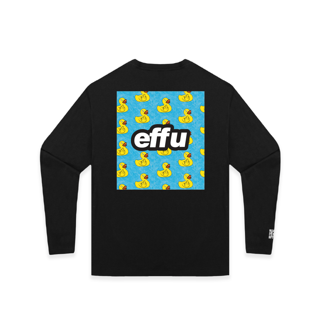 Black long-sleeve shirt with 'effu' graphic on a blue background with yellow rubber ducks.