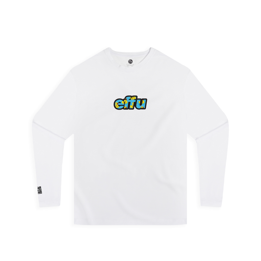 White long-sleeve shirt with 'effu' logo on a white background