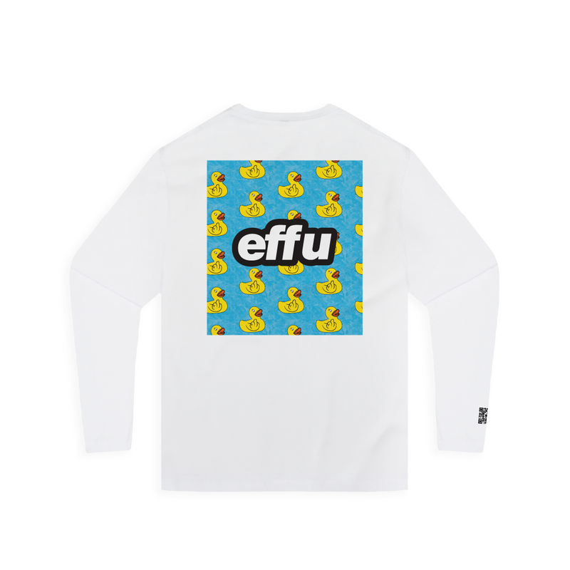 White long-sleeve shirt with 'effu' logo and rubber duck pattern on a blue background
