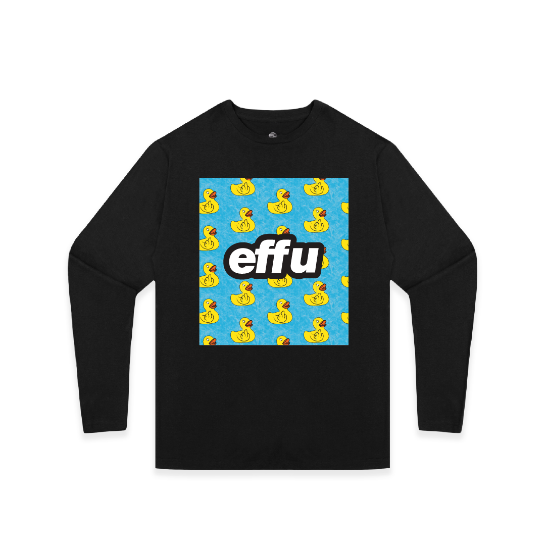 Black long-sleeve shirt with 'effu' graphic design featuring yellow rubber ducks on a blue background.