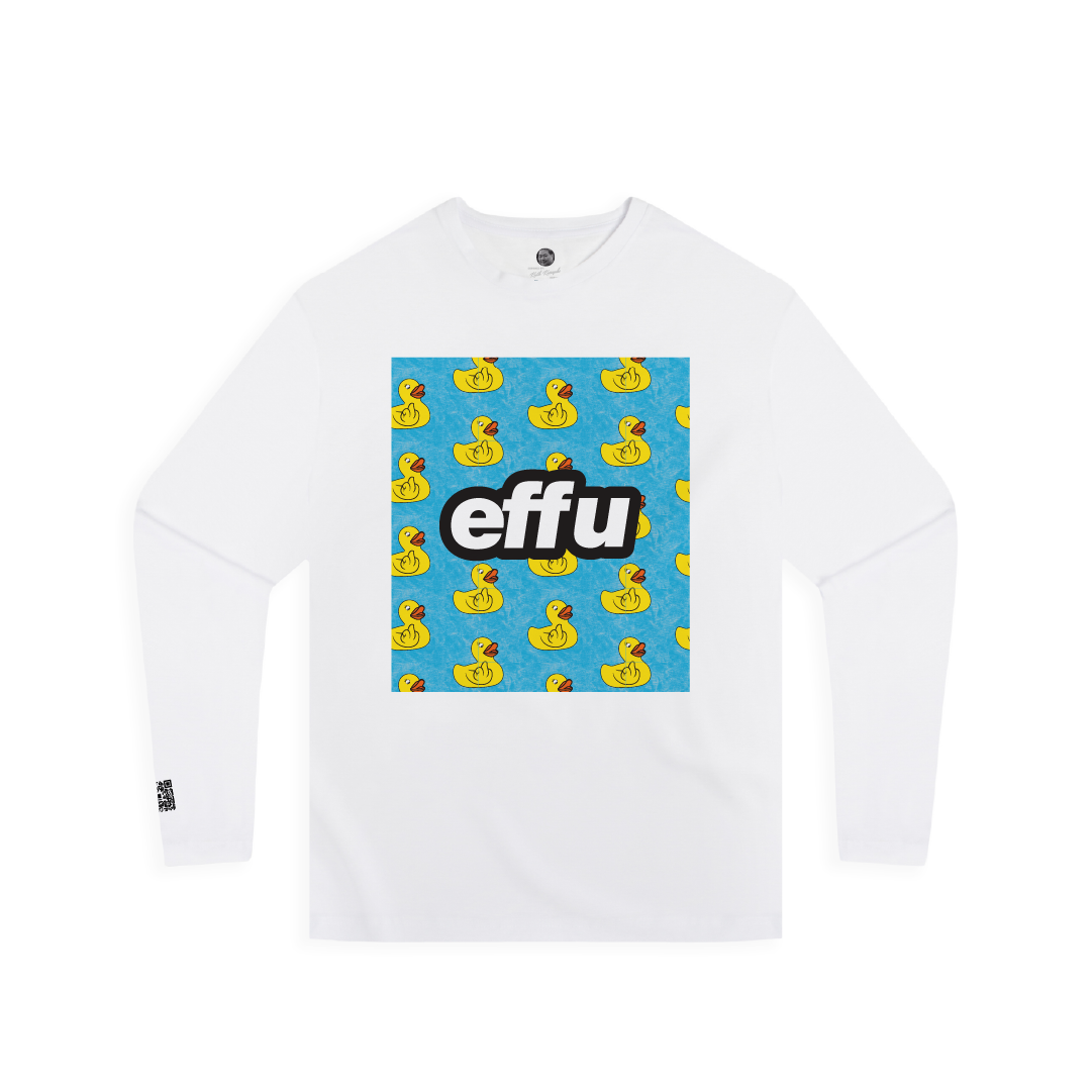 White long-sleeve shirt with 'effu' logo and rubber duck pattern on a blue background