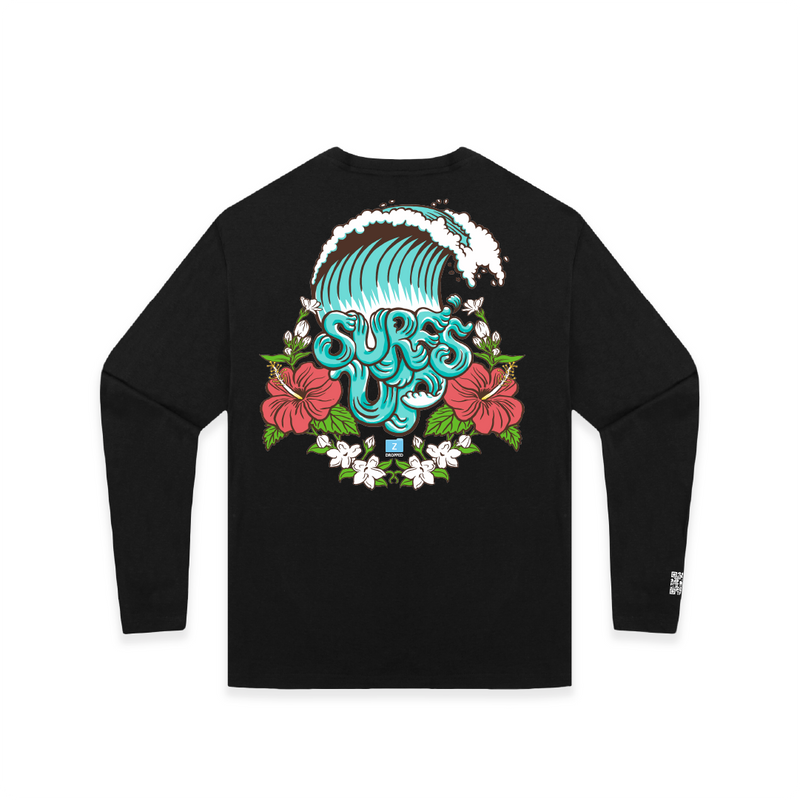 Rear view of a black long-sleeve shirt with a colorful surfs up graphic on a white background