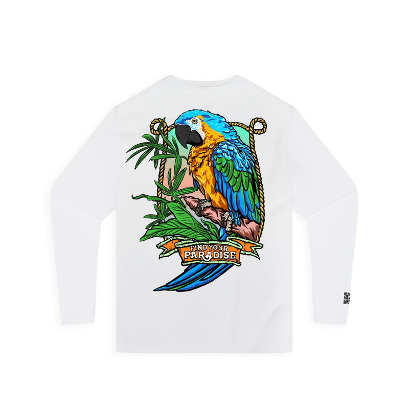 White long-sleeve shirt with a colorful parrot graphic and 'Find Your Paradise' text on a white background.