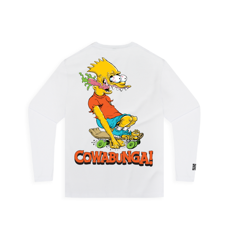 Rear view of a unisex white long-sleeve shirt with a cartoon character and 'Cowabunga!' text on a white background