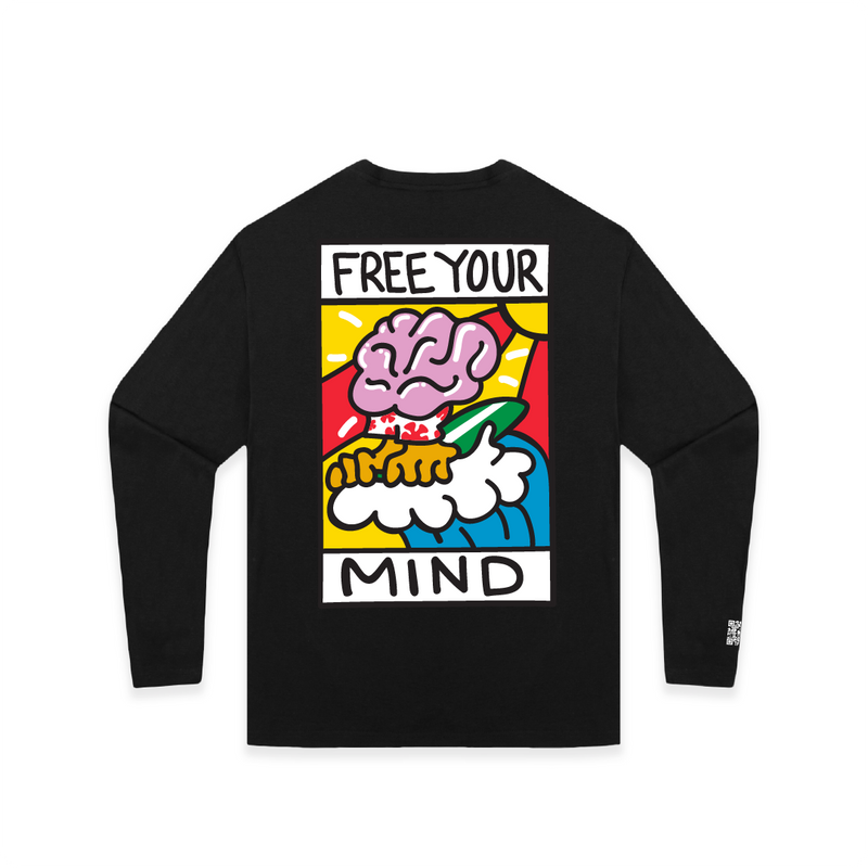 Black long-sleeve shirt with colorful graphic and 'Free Your Mind' text on a white background