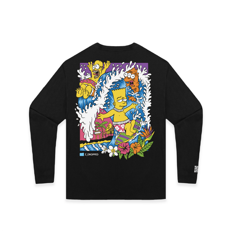 Rear view of a black long sleeve shirt with a Bart Simpson surfing a wave graphic on the front on a white background