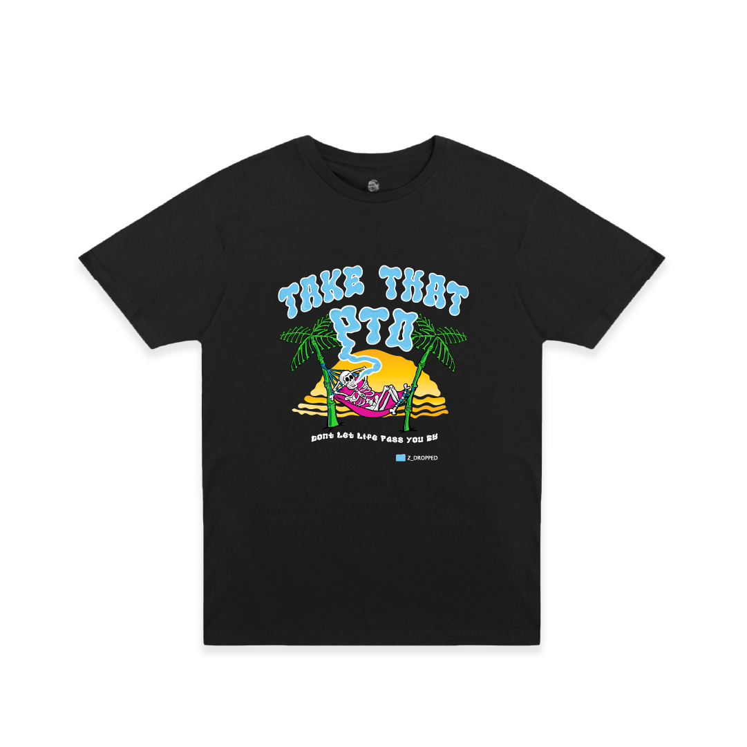 Front view of a black unisex t-shirt with colorful skeleton in a hammock graphic and Take That PTO text on a white background
