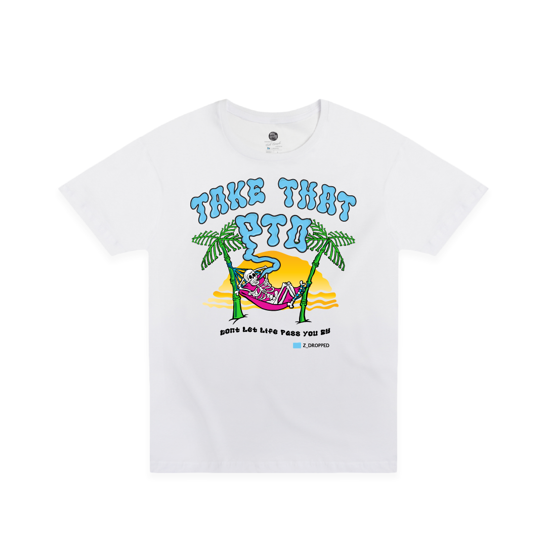 Front view of a white unisex t-shirt with colorful skeleton in a hammock graphic and Take That PTO text on a white background
