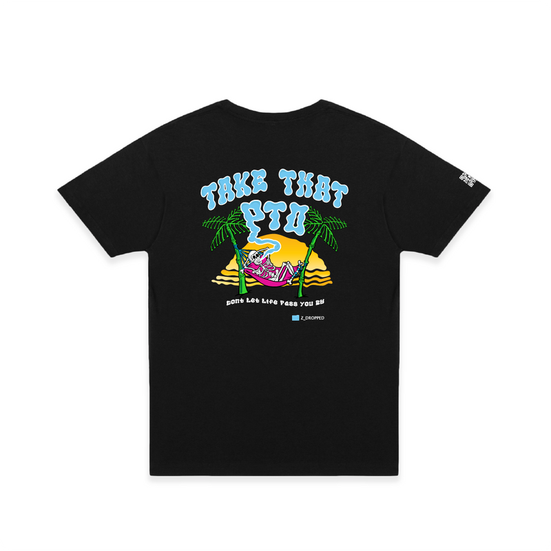 Rear view of a unisex black t-shirt with colorful skeleton in a hammock graphic and Take That PTO text on a white background