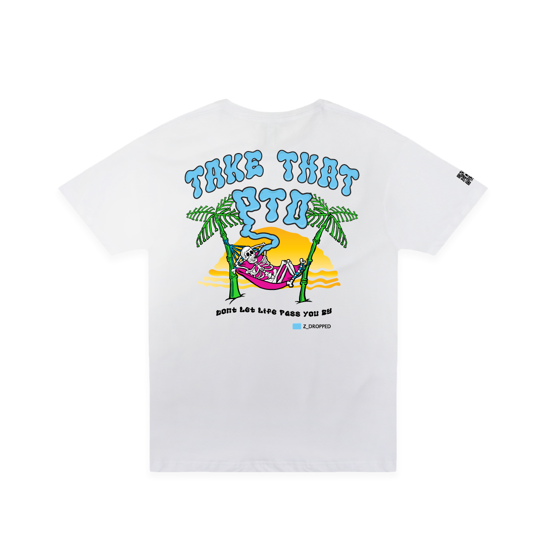 Rear view of a white unisex t-shirt with a colorful skeleton in a hammock graphic andTake that PTO text on a white background