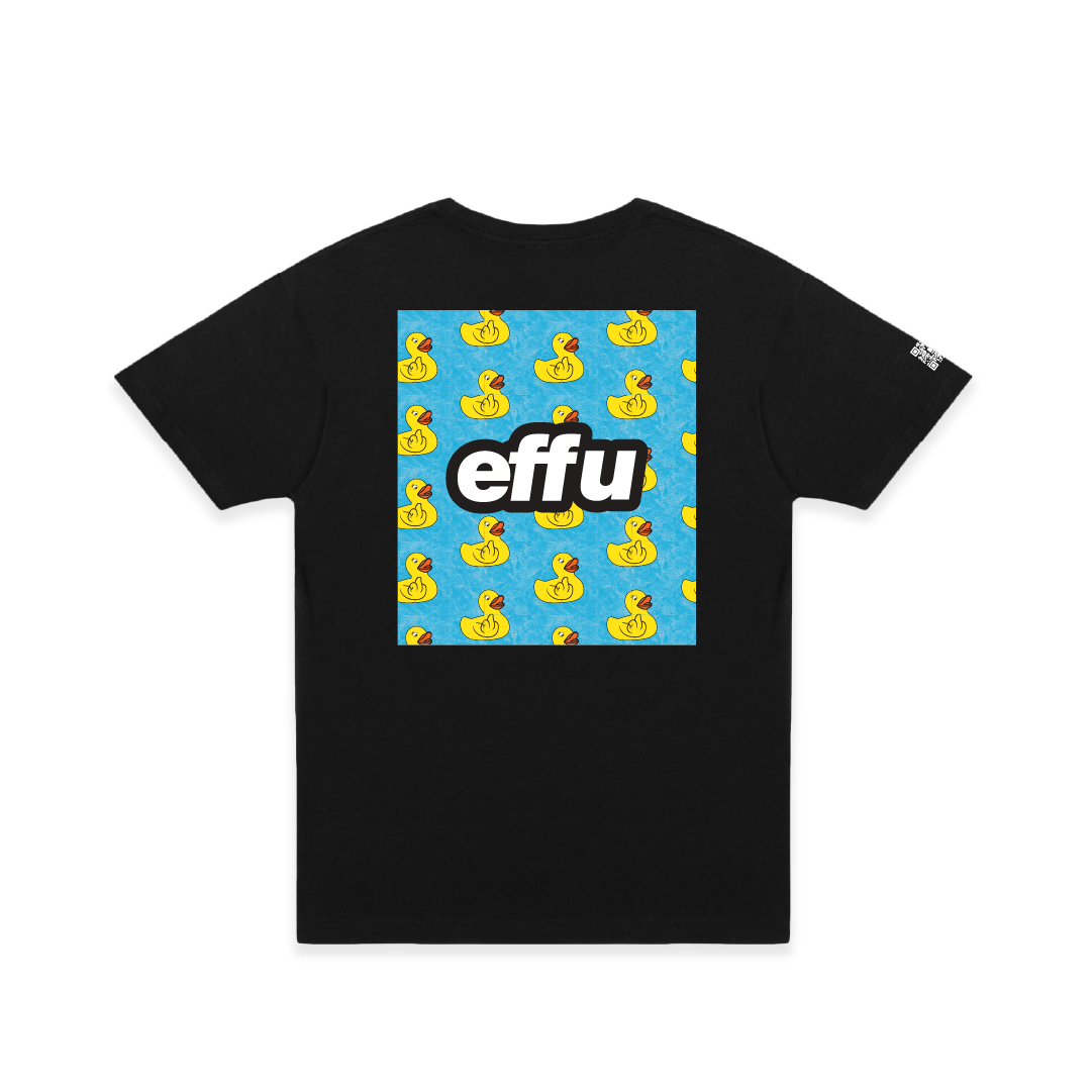Black t-shirt with a colorful cyan and yellow rubber ducky graphic and 'effu' text on a white background