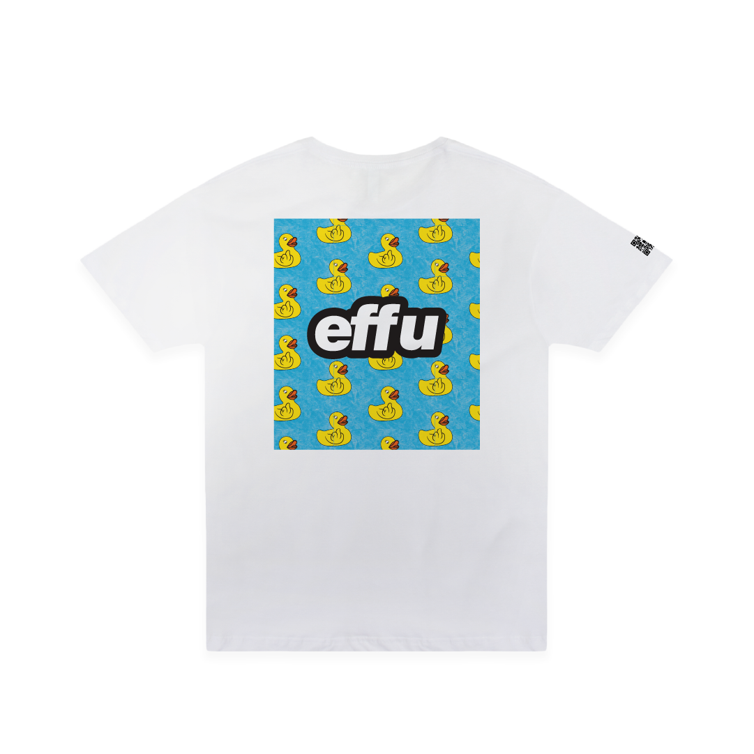 White t-shirt with a cyan and yellow 'effu' logo and rubber duck pattern on a blue background