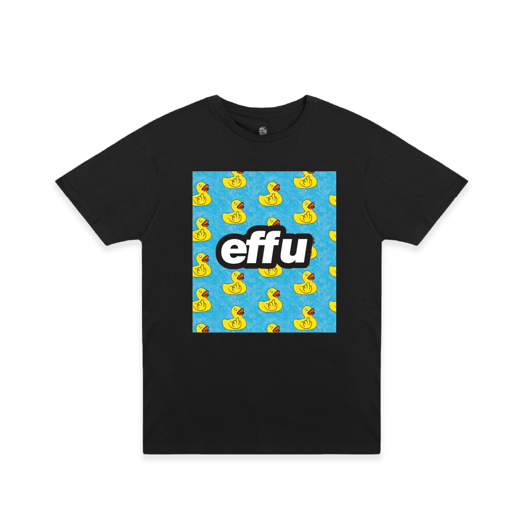 Black t-shirt with a blue square design featuring yellow rubber ducks and the word 'effu' in white.