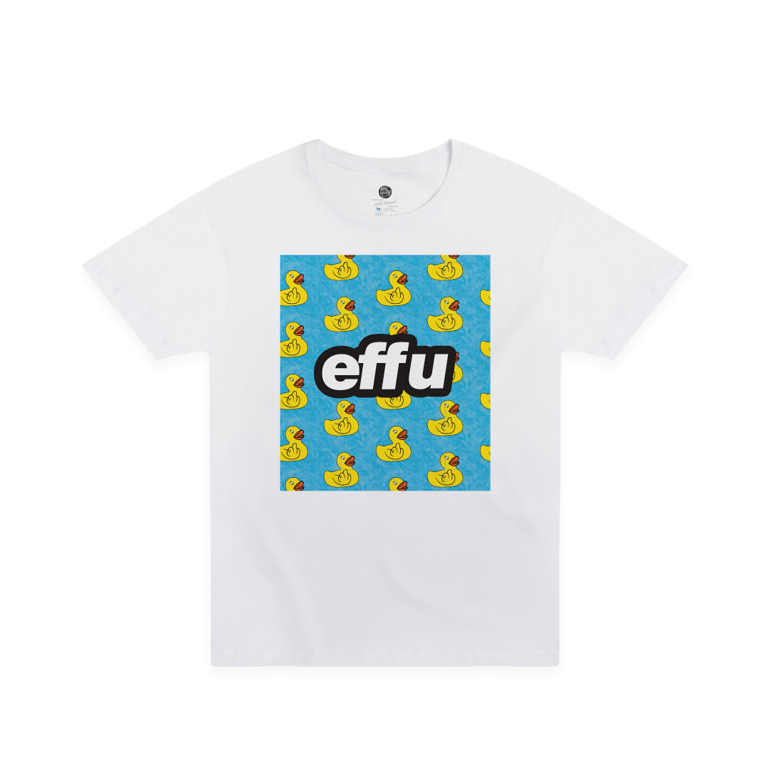 White t-shirt with a blue square featuring yellow rubber ducks and the word 'effu' on a white background.